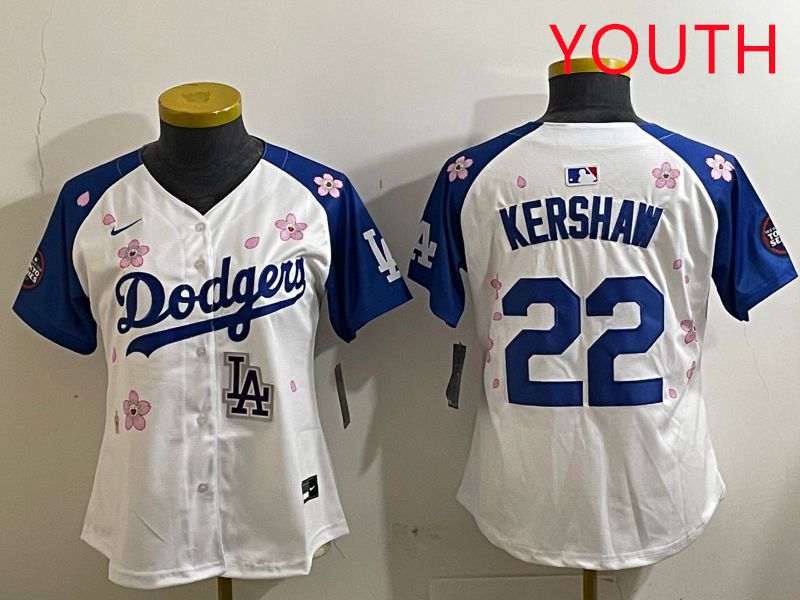 Youth Los Angeles Dodgers 22 Kershaw White Blue Sakura Edition 2025 Nike MLB Jersey style 9